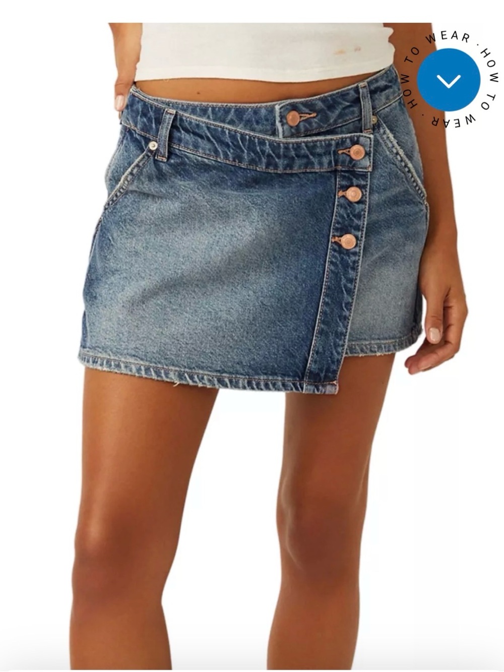 We The Free Blue Denim Wrap Mini Skirt with Copper Buttons